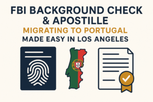 FBI background check and apostille for Portugal explained with fingerprint icon, Portugal map, and document approval badge, provided by Anshin Mobile Notary and Live Scan in Los Angeles.