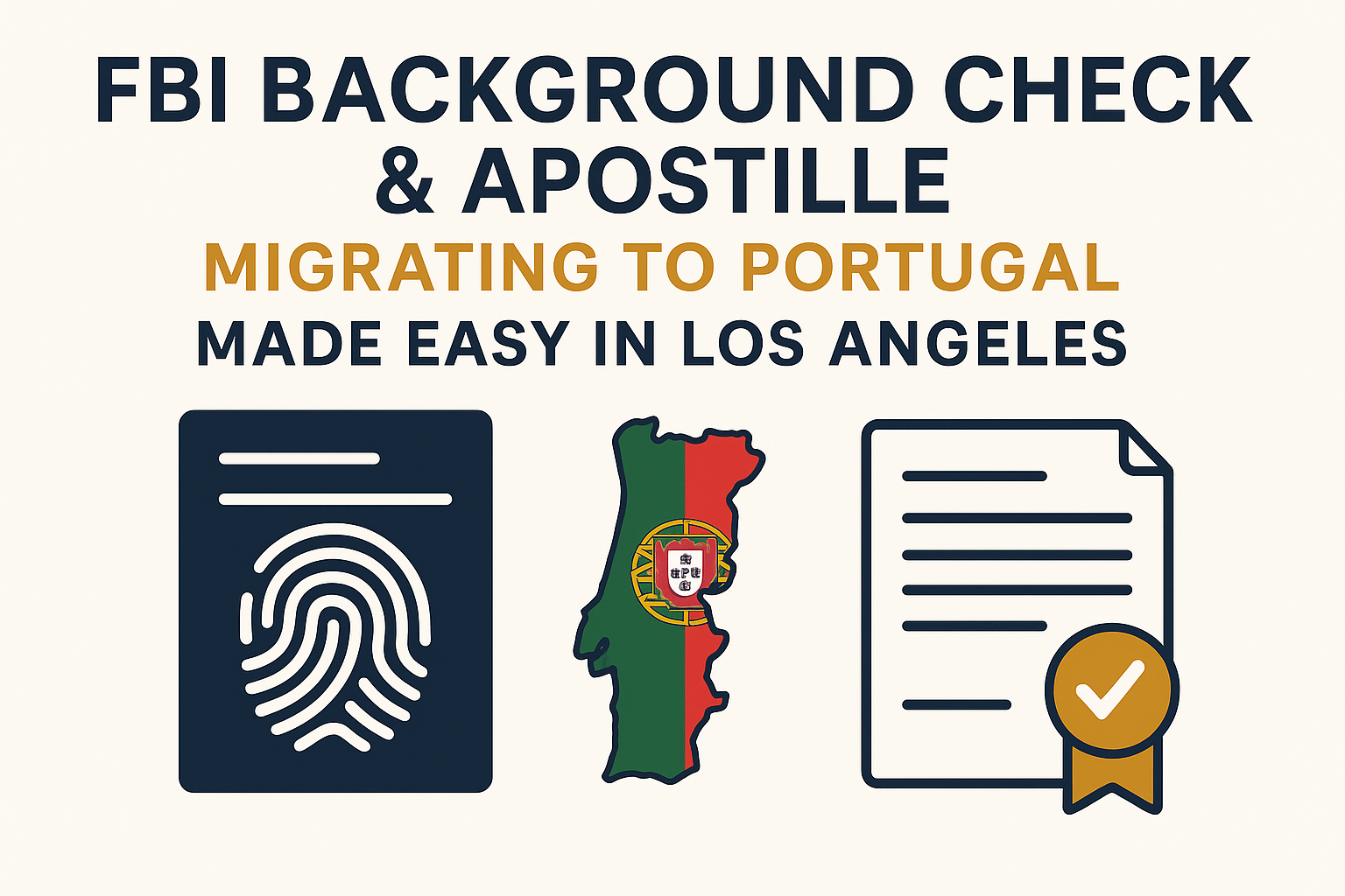 FBI background check and apostille for Portugal explained with fingerprint icon, Portugal map, and document approval badge, provided by Anshin Mobile Notary and Live Scan in Los Angeles.