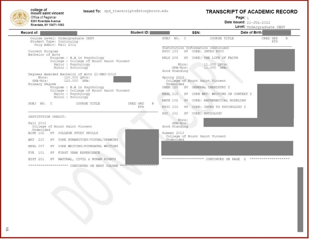 Official college transcript document displayed on a desk with academic elements.