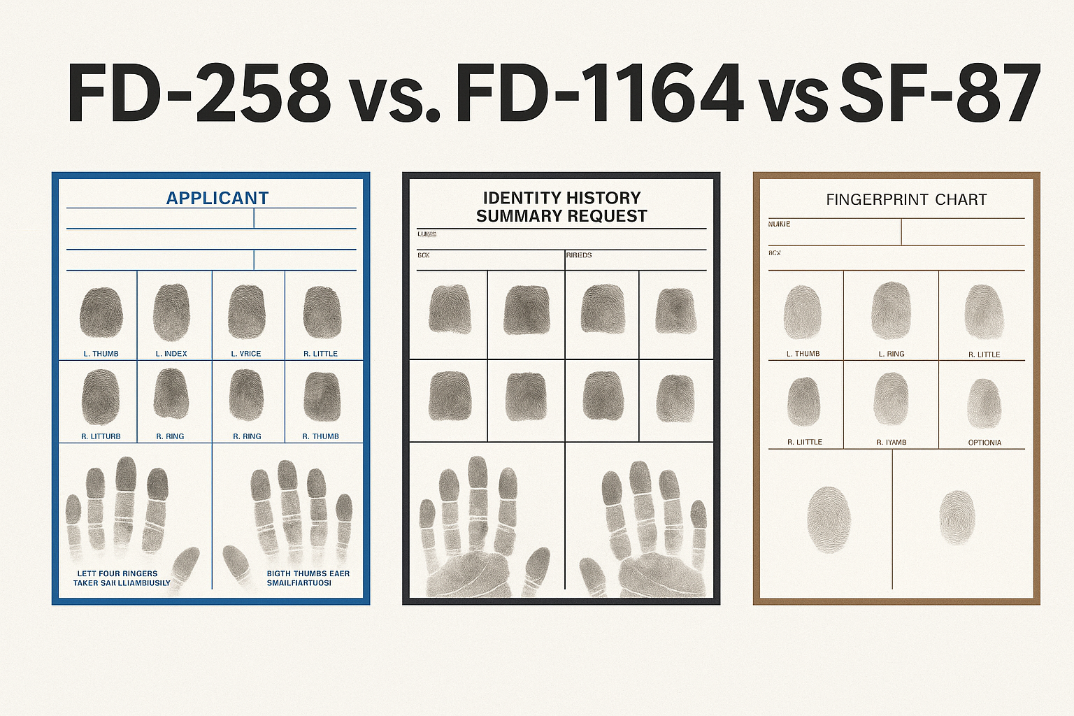 Comparison of FD-258, FD-1164, and SF-87 fingerprint cards showing layout differences for law enforcement, federal employment, and background checks.