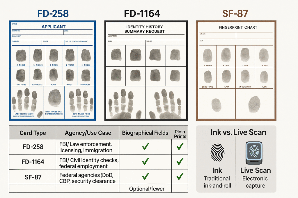 Infographic comparing FD-258, FD-1164, and SF-87 fingerprint cards with layout details, use cases, and Ink vs. Live Scan fingerprinting methods.