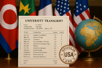 Apostilled university transcript with government seal, international flags, and global theme for 2025.