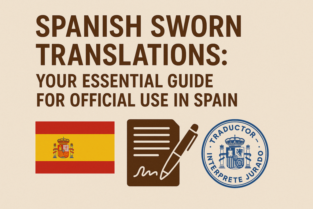 Spanish sworn translations guide: official Spanish flag, a legal document with pen, and a certified translator seal.