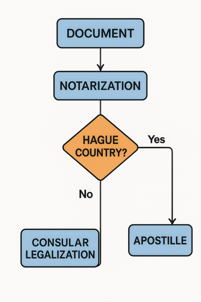 Flowchart showing steps for international document authentication, comparing apostille certification for Hague countries with consular legalisation for non-Hague countries, created for Los Angeles clients.