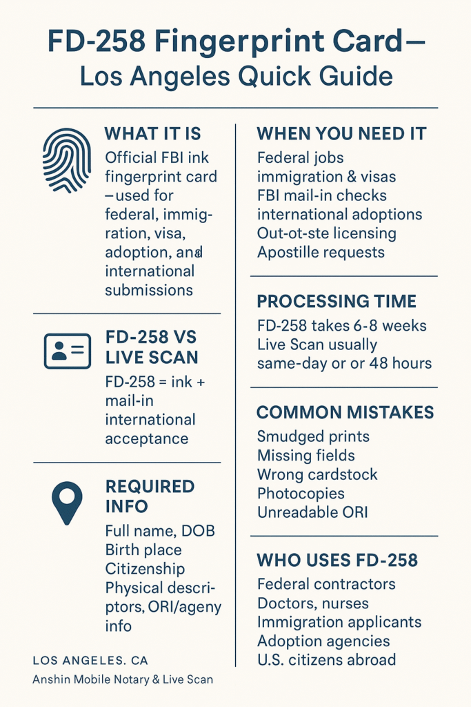 FD-258 fingerprint card quick guide for federal, immigration, and international background checks in Los Angeles, provided by Anshin Mobile Notary & Live Scan.