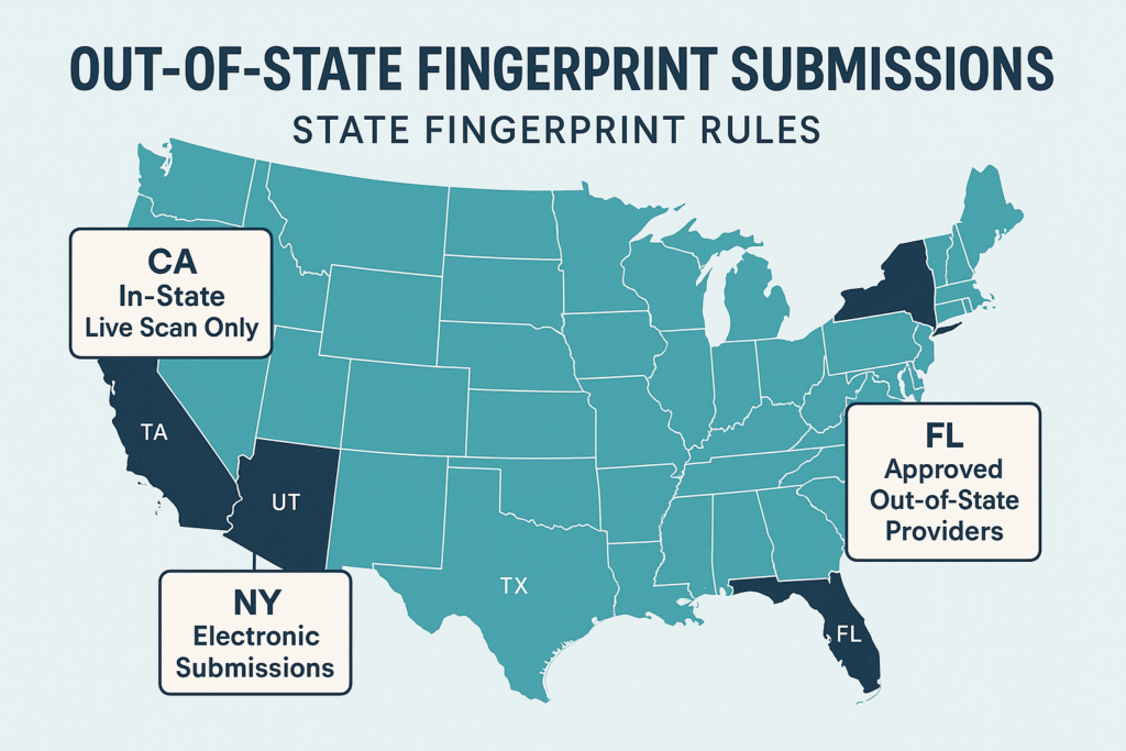 Digital map of the United States with fingerprint pattern representing out-of-state fingerprint submissions and background checks.