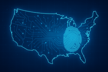 Digital illustration of a U.S. map with fingerprint pattern representing out-of-state fingerprint submissions and background checks.
