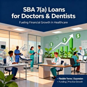 Diverse healthcare professionals with medical and dental backgrounds, financial growth icons, and a modern office environment representing SBA 7(a) practice loans