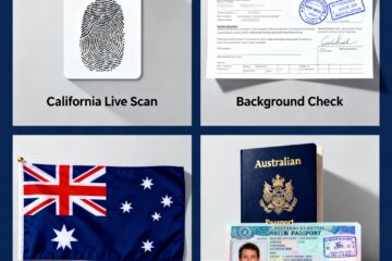 California Live Scan fingerprint documents, background papers, Australian flag, and tourist passport collage