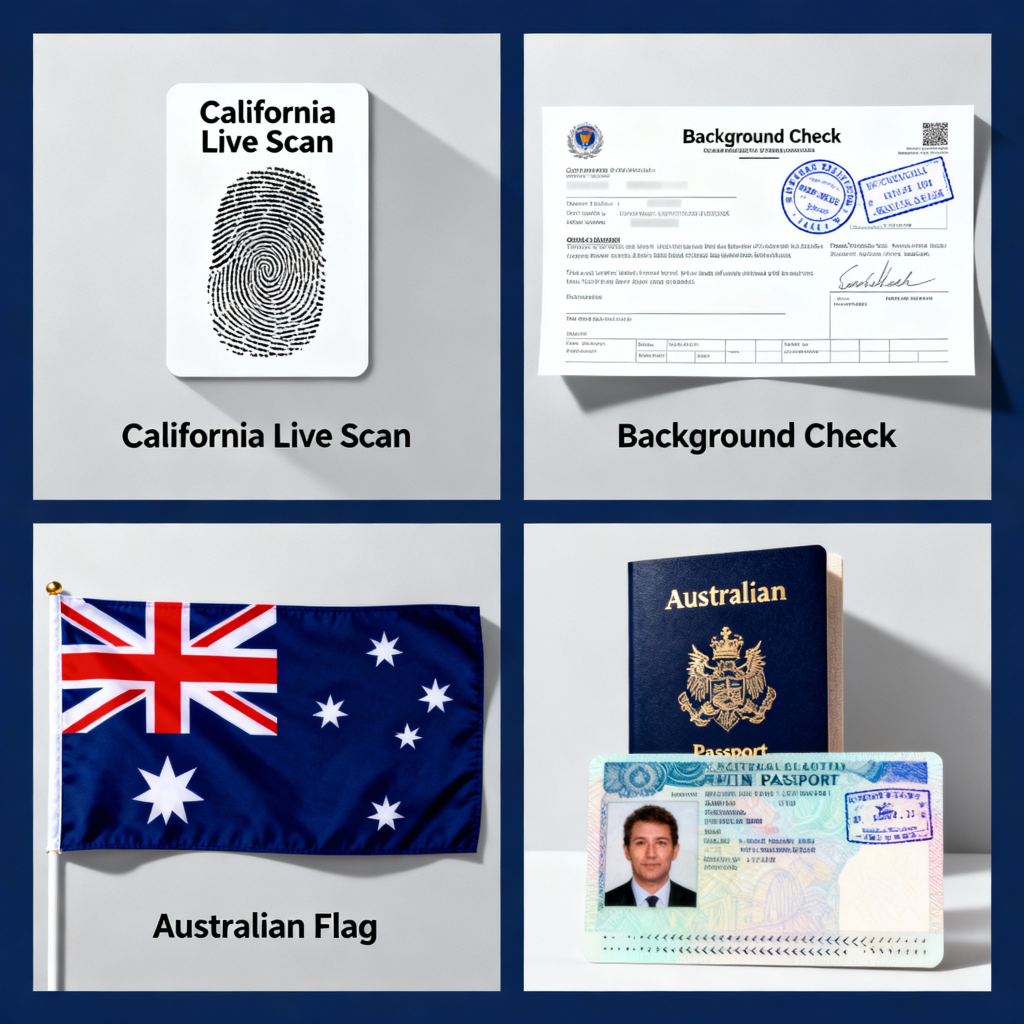 California Live Scan fingerprint documents, background papers, Australian flag, and tourist passport collage