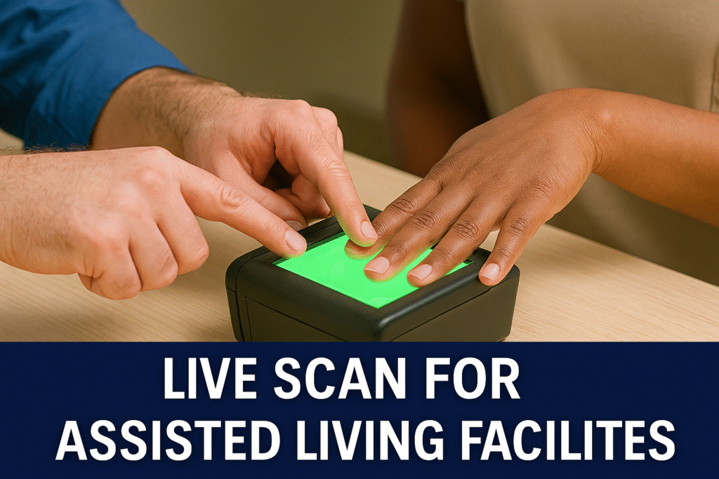 Assisted living employee completing Live Scan fingerprinting in Los Angeles