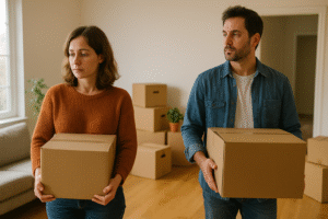 Couple moving out after separation, packing boxes in a new home — concept for mortgage after separation and buying a new house before divorce.