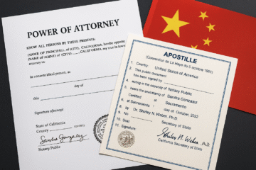 Apostilled California Power of Attorney document displayed with the Chinese flag.