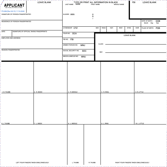 FD-258 fingerprint card example showing applicant and technician sections for FBI background check in Los Angeles