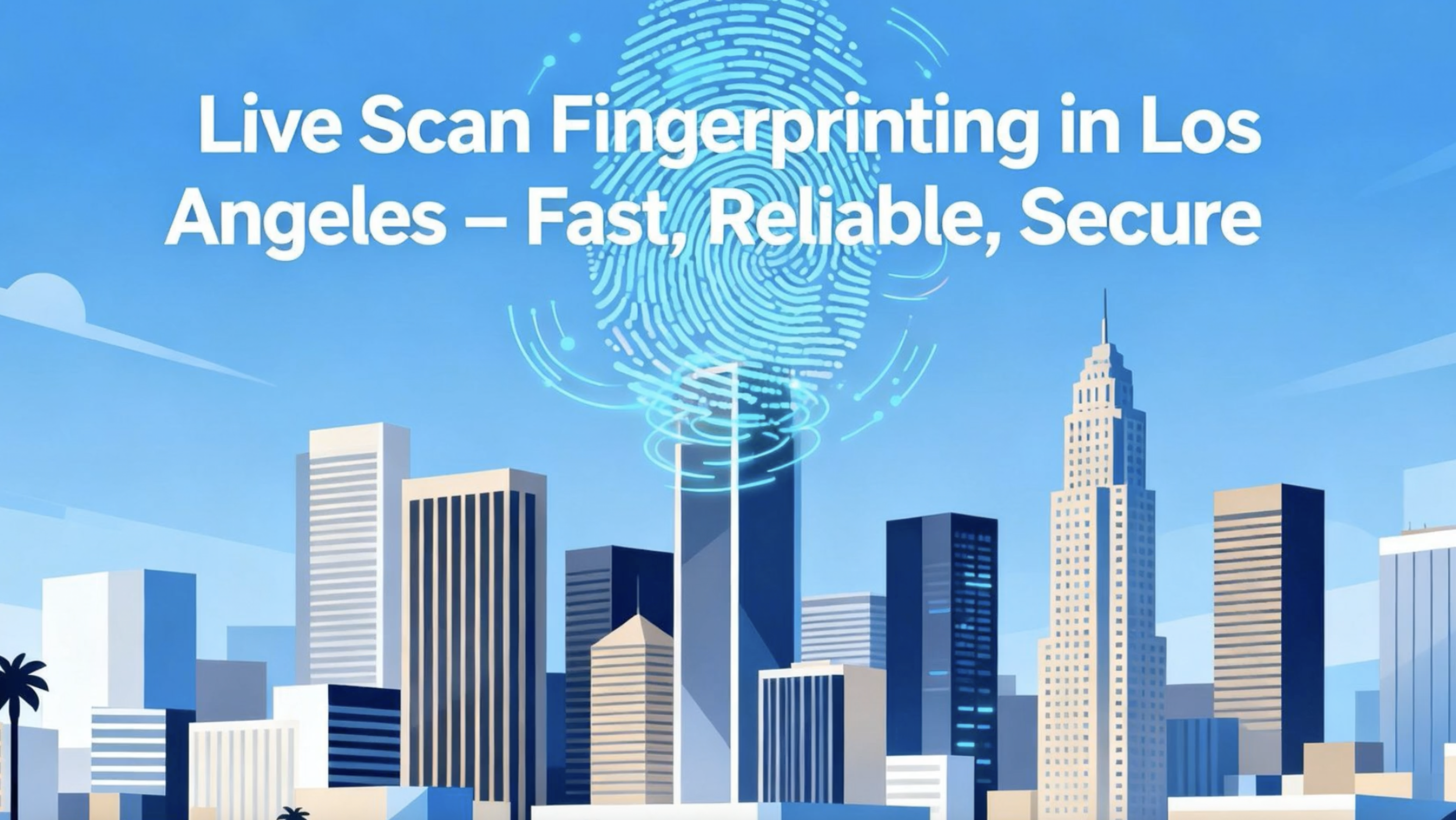 Live Scan fingerprinting services in Los Angeles by Anshin Mobile, with digital fingerprint graphic and downtown skyline.