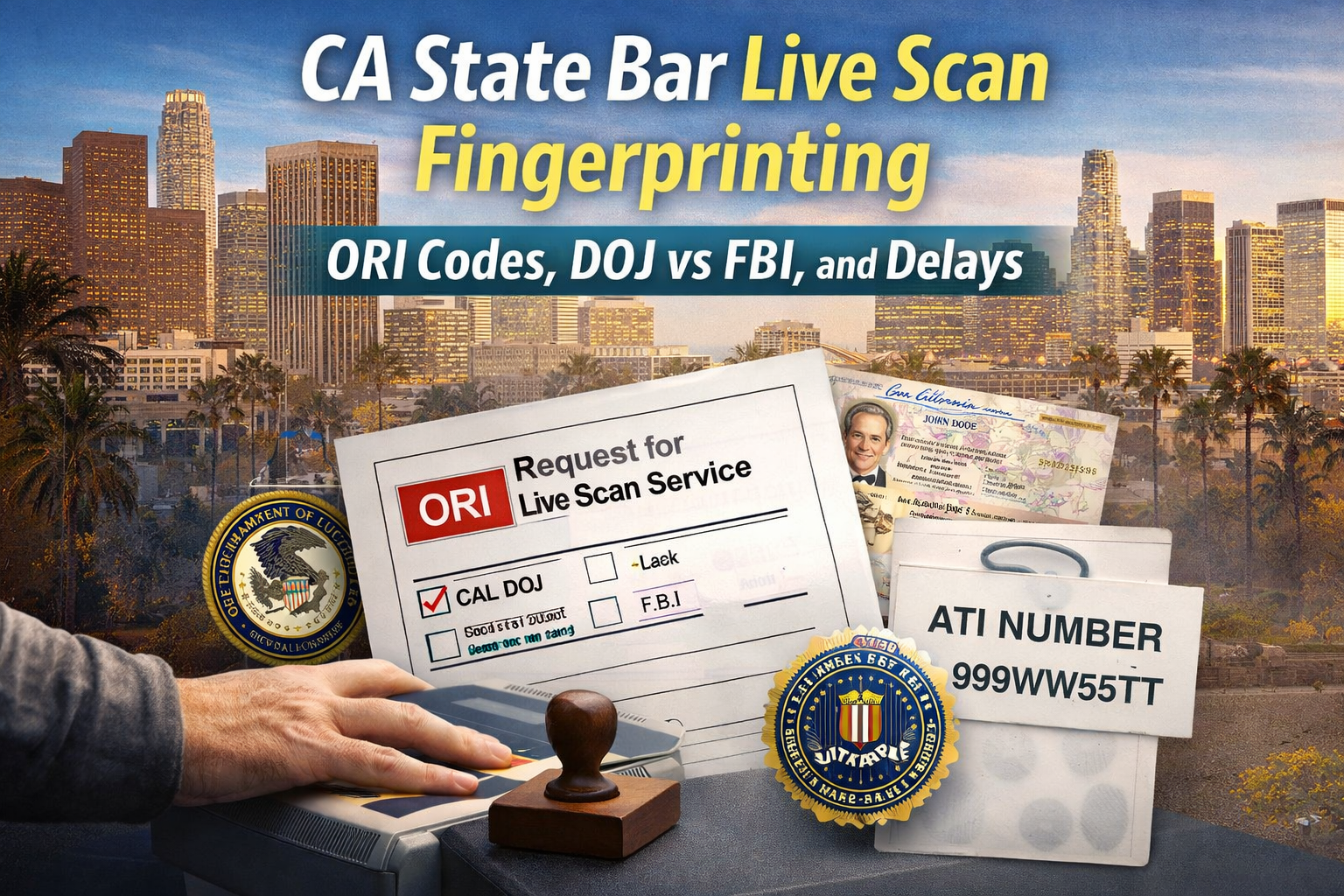 Request for Live Scan Service form showing ORI code and DOJ or FBI selection for CA State Bar fingerprinting