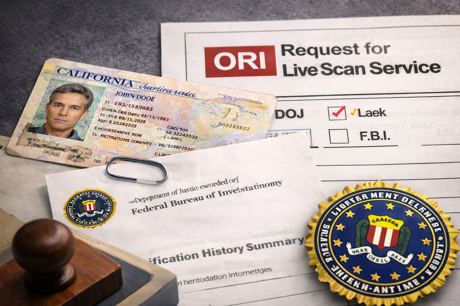 CA State Bar live scan paperwork example showing DOJ and FBI background check routing details