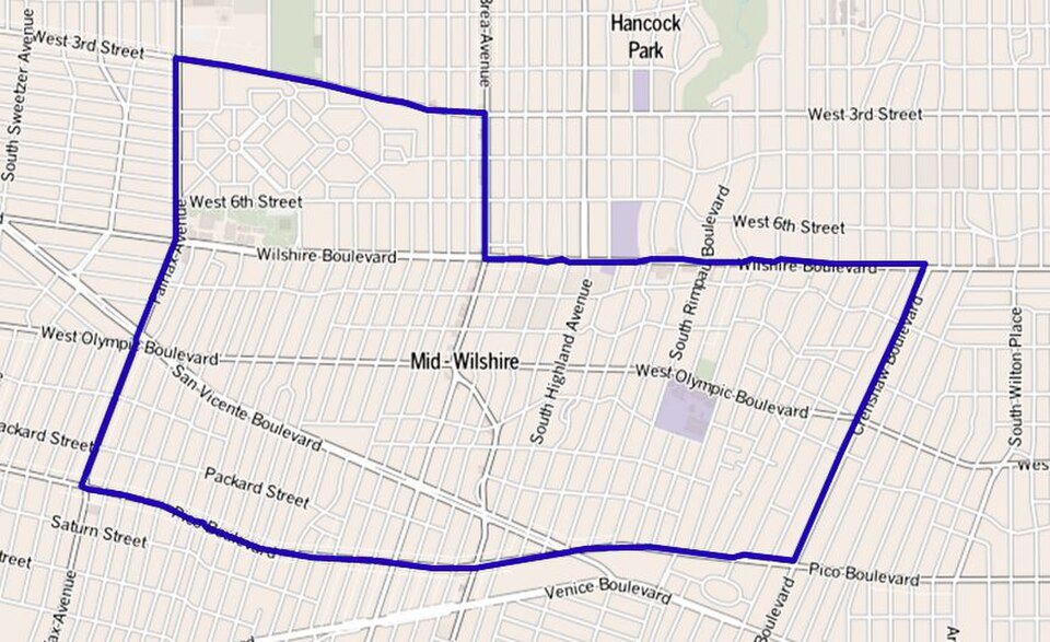 Map showing the Mid-Wilshire neighborhood boundaries in Los Angeles California near Wilshire Boulevard and Hancock Park