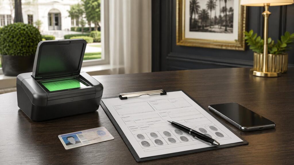 Live Scan machine, fingerprint form, and identification prepared for a Hancock Park appointment
