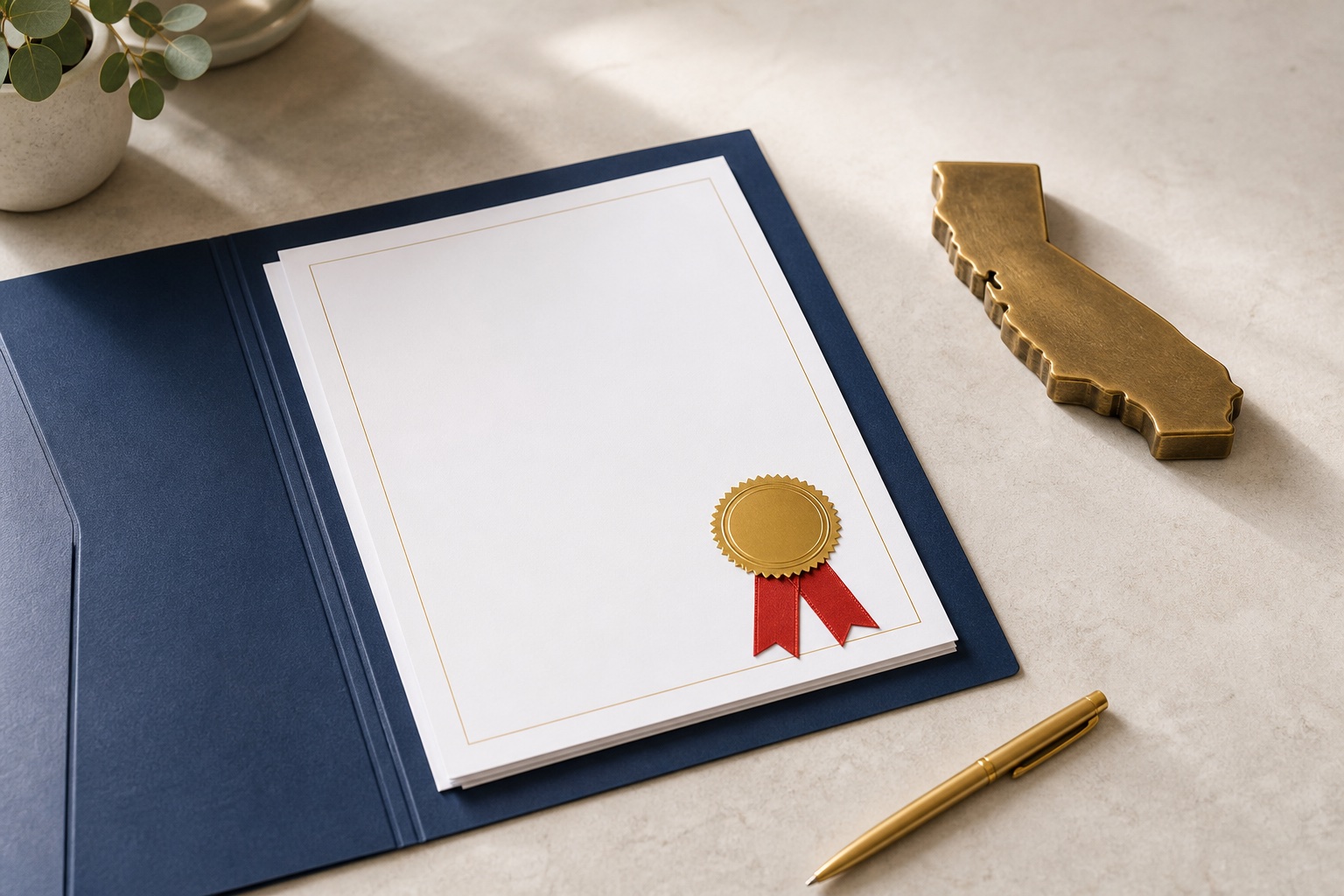 A navy document folder closed with a gold wax seal, representing certified corporate documents prepared for a California apostille.