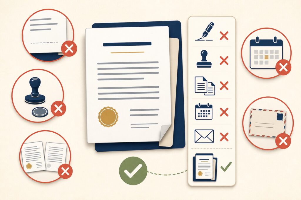 Illustration of a notarised document marked with red crosses beside a signature, stamp, certificate and calendar icon, showing the common reasons California apostille applications are rejected.